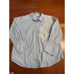 Christian Lacroix Striped Button Down Shirt Blue White w Lace Overlay Medium